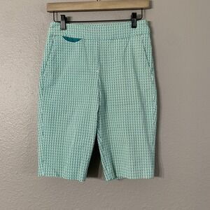 EP Pro Women's Stretch Bermuda Golf Shorts Teal‎ Green Geometric Size 6 EUC